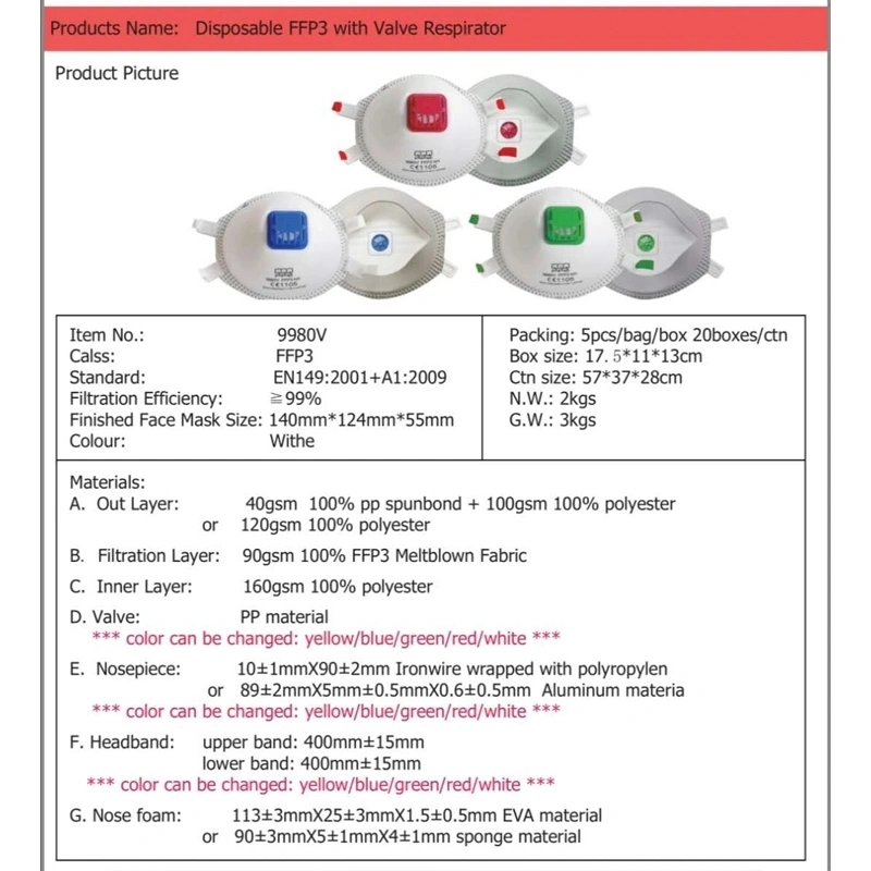 Kn99 Mask Medical Respirator with 5 Plys Non Woven Ce Approved FFP3 with Valve